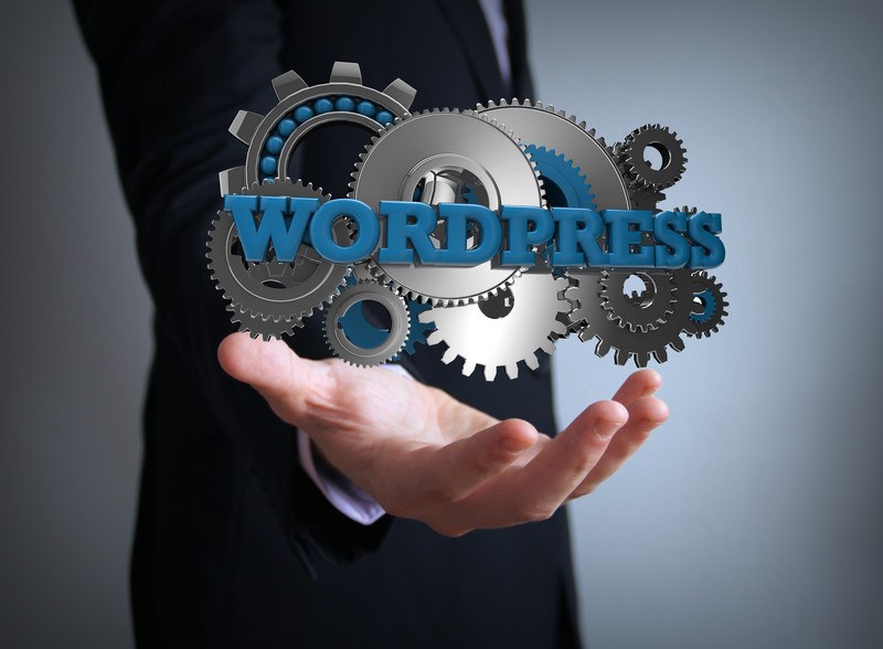 This image shows the side view of a businessman in a dark suit with an outstretched hand below a hovering set of gears and the word 'WordPress,' representing the best WordPress Theme affiliate programs.