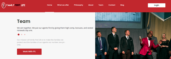 A screenshot from the Family First Life company showing various menus and a small image of people at a conference