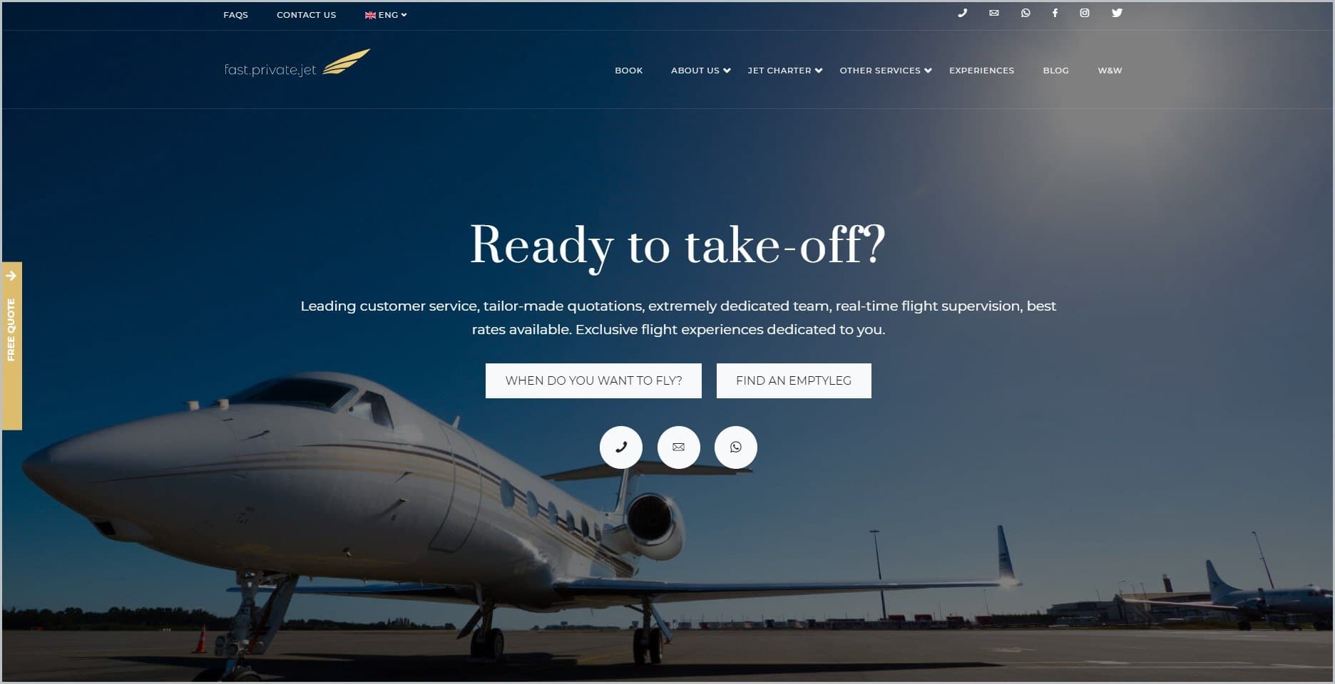 screenshot of Fast Private Jet homepage with blue header bearing the website's name and main navigation menu, it showcases a picture of an aircraft