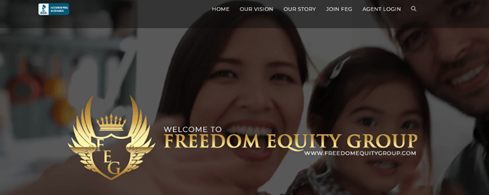 An image from the Freedom Equity Group website showing a family and the company's logo