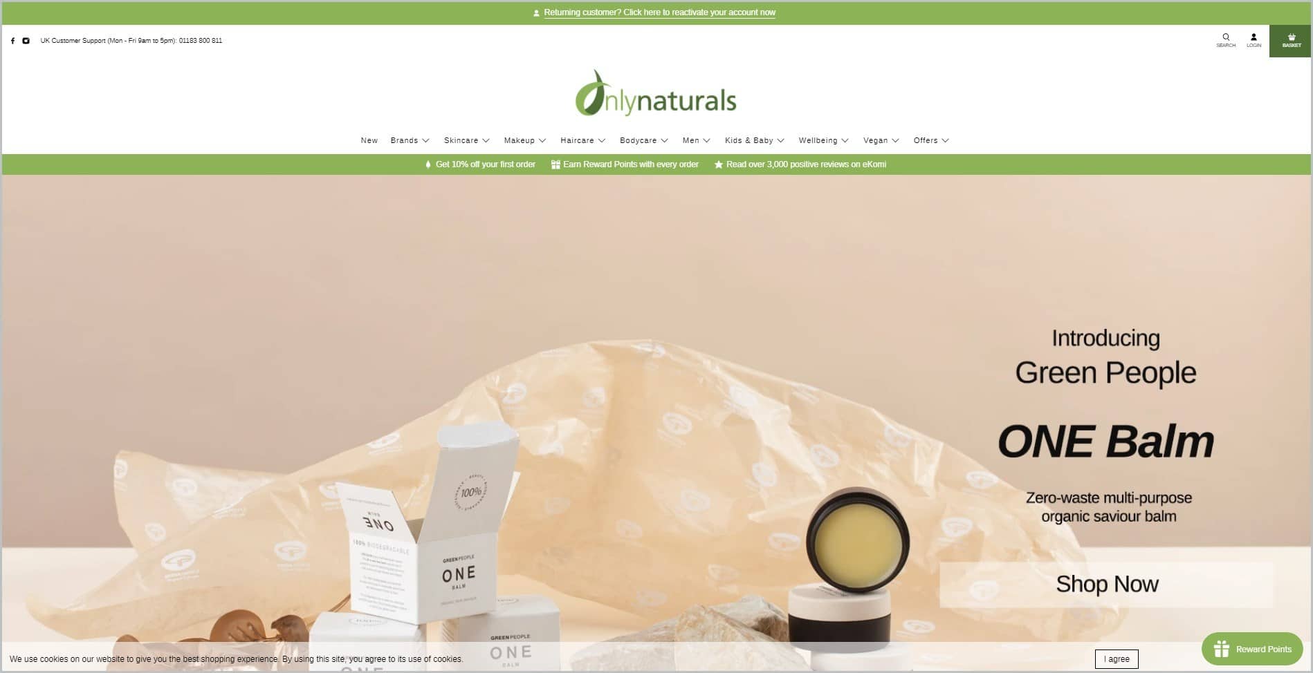 screenshot of Onlynaturals homepage, with apple green announcement bar, white header with the website's name and main navigation menu