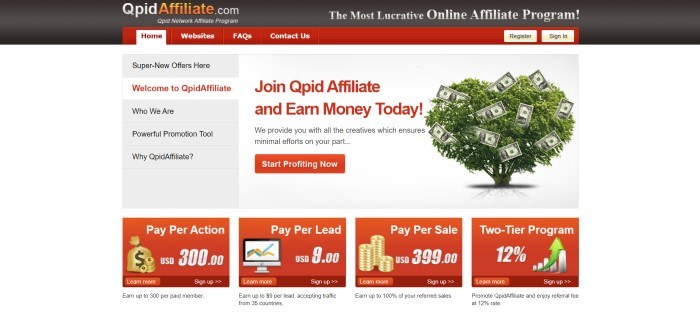 This screenshot of the home page for Qpid Affiliate has a dark header with red and white tabs in the navigation bar, above a white and gray section with a vertical navigation section and a green tree with money mixed in with the leaves, along with red text inviting people to join Qpid, a red call-to-action button, and a row of red text boxes announcing ways affiliates can make money.