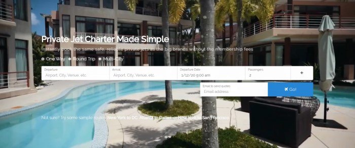 This screenshot of the home page for Simple Charters shows a hotel swimming pool with palm trees nearby and the hotel rising in the background, along with white text announcing private jet charters made simple and a window for beginning to search for jet charters.