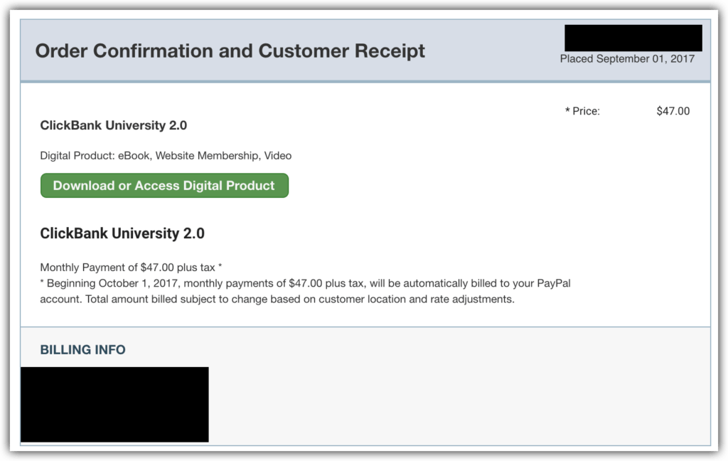 clickbank university 2.0 receipt