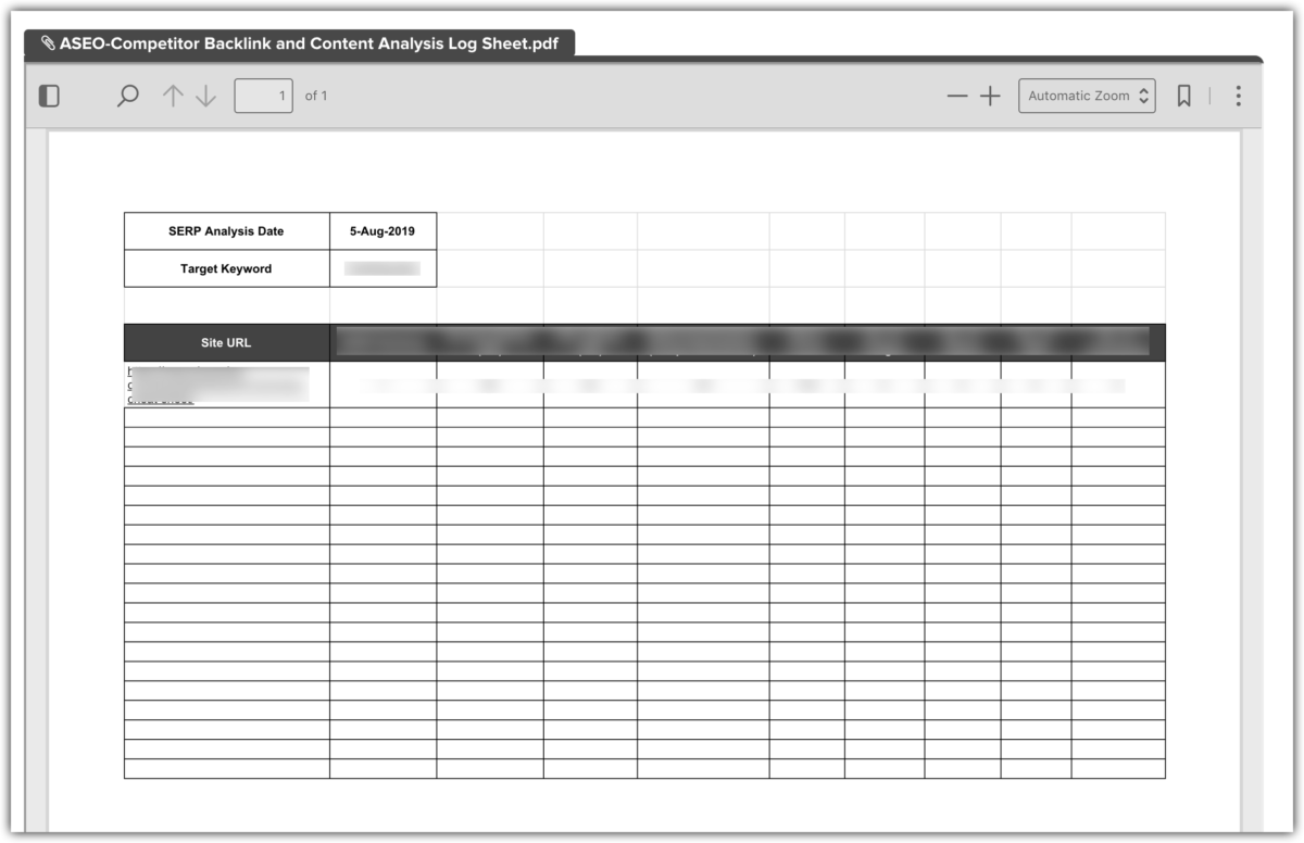 competitor backlink spreadsheet with fields blurred