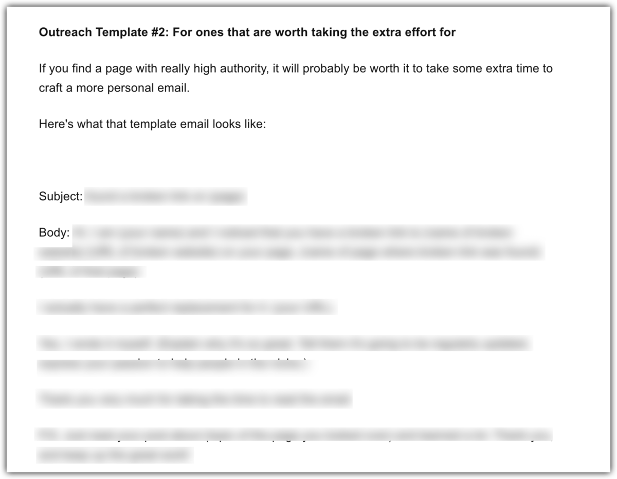 template email for doing backlink outreach with exact text blurred