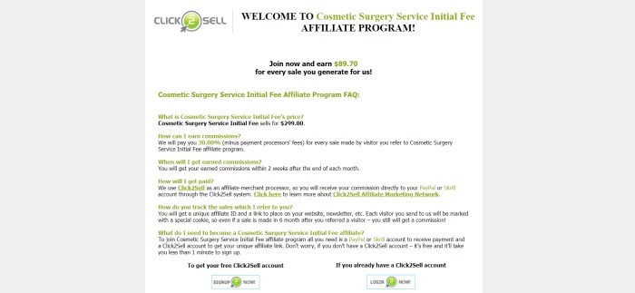 This screenshot of the affiliate information page for the Cosmetic Surgery Service Initial Fee program has gray background on the left and right, a white background in the middle text section, a gray and green "Click 2 Sell" logo, and text in black and green describing the program.