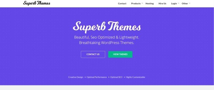 This screenshot of the home page for Superb Themes has a white navigation bar above a blue main section with white text announcing SEO optimized WordPress themes and a green call-to-action button.