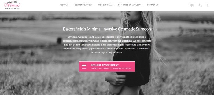 screenshot of the home page for Advanced Womens Health Center jpg This screenshot of the home page for Advanced Women's Health Center has a white navigation bar above a black and white photo of a blonde woman in a black shirt standing in front of what appears to be an open field, behind white text describing the services and a pink call-to-action button.