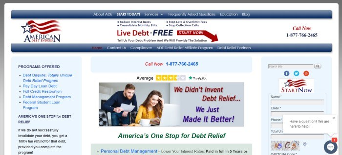 This screenshot of the home page for American Debt Enders has a white background with blue and red elements, including a blue navigation bar, and a photo of a smiling man and a smiling woman who are looking at a laptop screen, near words in red and blue that read 'We didn't invent debt relief…we just made it better.'