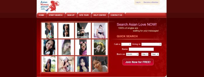 This screenshot of the home page for AsianWomanPlanet.com has a maroon background on the right and left sides of the page, with a central section that has a white header with red tabs and a red and blue logo above a red search bar and several profile photos of smiling Asian women.