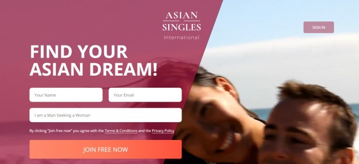 This screenshot of the home page for AsianSingles2Day has a maroon-filtered diagonal section on the left side of the page with white text inviting people to find their dream mate, along with an unfiltered section of photo on the right side of the page showing a smiling man and smiling Asian woman together in front of a blue sky.