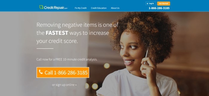 This screenshot of the home page for CreditRepair.com has a blue header and footer, as well as a photo of a smiling woman with a mobile phone near her ear and white text announcing CreditRepair.com as a tool for removing negative items from credit reports.