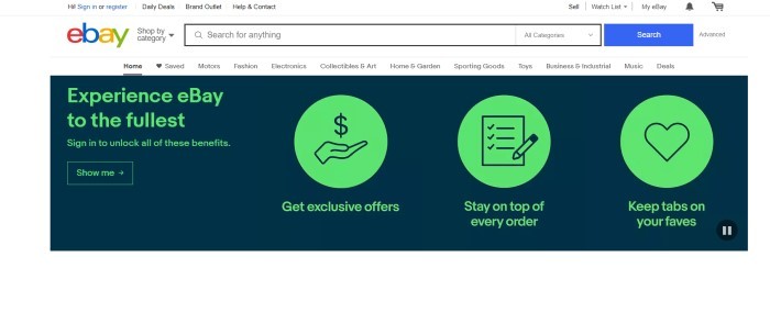 This screenshot of the home page for E-bay has a white header and navigation bar above a plan black section with green icons and text telling readers how to get the most out of their eBay experience.