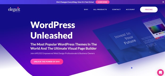 This screenshot of the home page for Elegant Themes has a royal blue header above a darker royal blue main section with white lettering announcing the most popular WordPress themes in the world and a pink call-to-action button for trying out Divi.