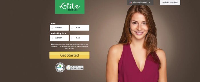 This screenshot of the home page for Elite Singles has a photo with a brown background and a smiling brunette woman with brown eyes and a maroon shirt with a V-neck, along with the green Elite Singles logo and a search area with a yellow call-to-action button. 