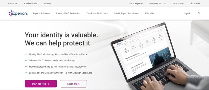 This screenshot of the home page for Experian shows a white background and light gray header, an open laptop with dark web monitoring information displayed, and black text announcing Experian's ability to help with identity theft monitoring and FICO scores.