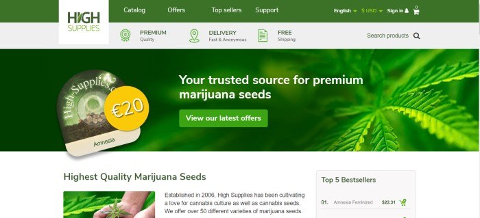 This screenshot of the home page for High Supplies has a green and gray header with green and white text above a photo of green marijuana plants, along with white text announcing the sale of marijuana seeds and a green call-to-action button. 