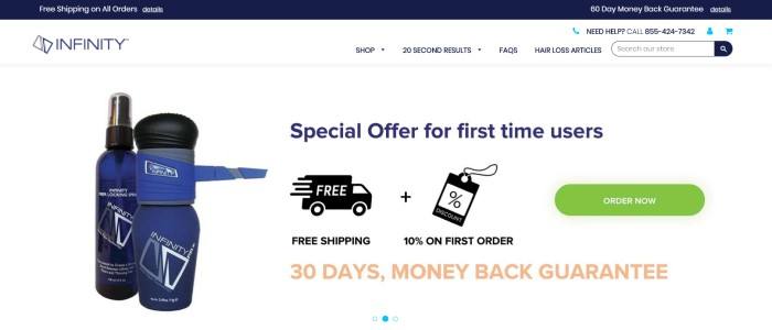 This screenshot of the home page for Infinity Hair has a white background, a dark blue header announcing free shipping and a money-back guarantee, a photo of some Infinity Hair products in dark blue bottles, and some text in black and blue describing discounts and free shipping, along with a pale green call-to-action button.