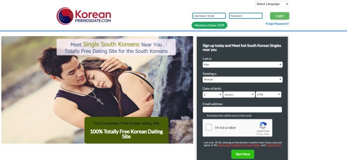 This screenshot of the home page for KoreanfriendsDate.com has a white header with a blue and red logo, a green call to action button, a black search window, and a photo of an Asian man and woman in black tank tops hugging.