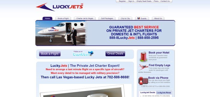 This screenshot of the home page for Lucky Jets has a pale blue and white background, a dark blue and red logo, and blue and red text next to a small photo of a man in a black suit about to board a white jet with the Lucky Jets logo on it, along with more text describing this company's services. 