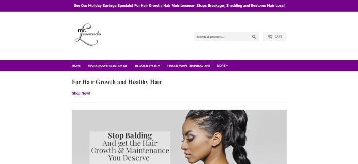 This screenshot of the home page for Mr. Leonardo has a white background with a purple header and purple navigation bar, along with a photo of a woman with perfect brown skin and long, black, thick hair, as well as text in black describing the benefits of using these products. 