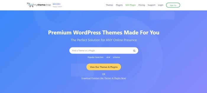 This screenshot of the home page for My Theme Shop has a white navigation bar above a blue section with white lettering announcing premium WordPress themes, along with a white search bar and a gold-colored call-to-action button.