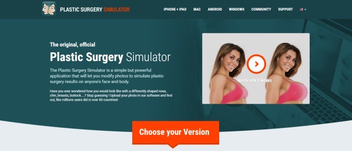 This screenshot of the home page for Plastic Surgery Simulator has a black header and a dark gray background with white text describing the software, next to two photos of a smiling brown-haired woman, with one of the photos showing a larger chest than the other, and a red call-to-action button.