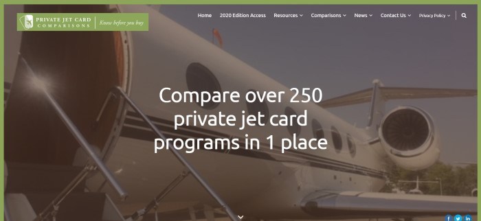 This screenshot of the home page for Private Jet Card Comparisons has a dark-filtered photo of the open door of a white jet behind white text inviting customers to compare private jet card programs.