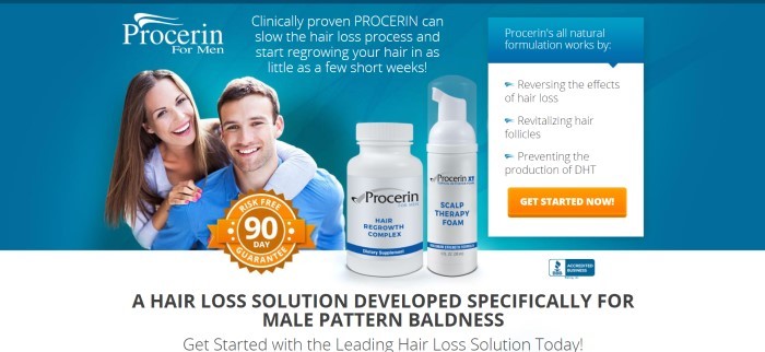 This screenshot of the home page of Procerin for Men has a teal background behind a photo of a smiling dark-haired man in a blue shirt and a smiling woman with brown hair leaning around his shoulders from behind him, near two bottles of Procerin products in white bottles, an orange satisfaction guaranteed badge and an orange call-to-action button.