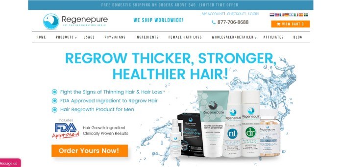 This screenshot of the home page for Regenepure has a white background, a teal header, and aqua text announcing thicker, stronger, healthier hair, next to several bottles of Regenepure products in front of a splash of water, along with an orange call-to-action button. 