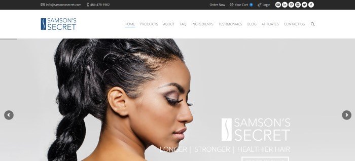 This screenshot of the home page for Samson's Secret has a dark header with contact information, a white navigation bar, and a large photo of a woman with long, thick, black hair next to white text announcing longer, thicker, stronger hair.