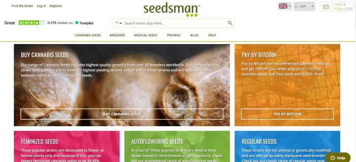 This screenshot of the home page for Seedsman has a white header with a search bar and navigation bar above a close-up photo of cannabis seeds on the left side of the page, as well as filtered photos in orange, pink, green, and blue with white text on them describing seed types and the ability to pay with Bitcoin.