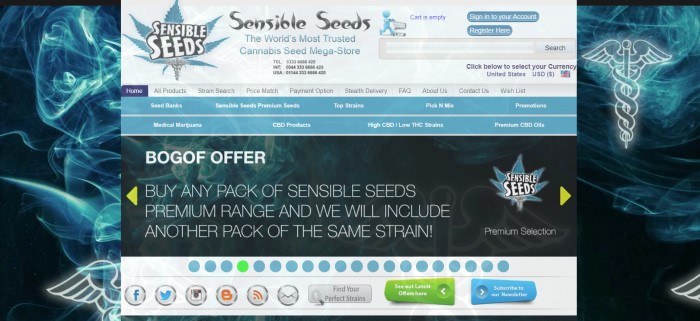 This screenshot of the home page for Sensible Seeds has a background of blue smoke against a black backdrop and a main section in gray, blue, white, and black with text and blue graphics describing the Sensible Seeds mega store, as well as a BOGOF offer for seed purchases.