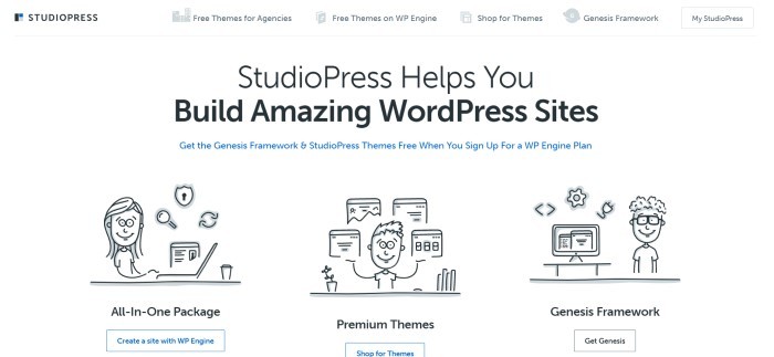 This screenshot of the home page for Studio Press has a white navigation bar and main section background with black text and black sketches people representing all-in-one packages, the Genesis Framework, and individual themes.