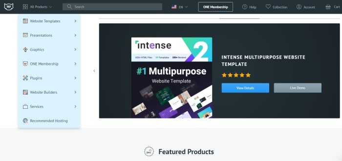 This screenshot of the home page for Template Monster has a black header, a vertical light blue section on the left side of the page listing products to browse through, and a black section on the right side of the page showing a website theme called 'Intense,' along with white text and a blue call-to-action button.