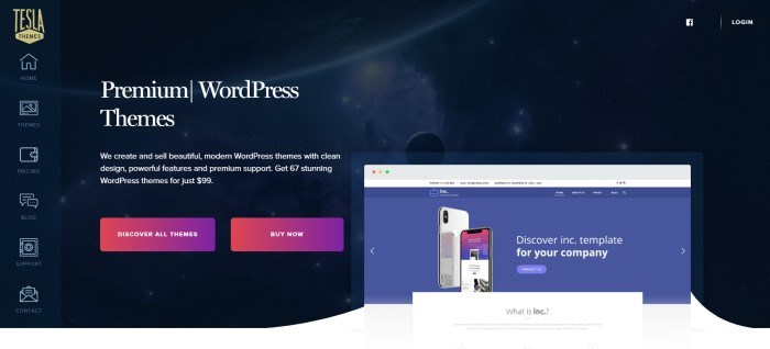 This screenshot of the home page for Tesla Themes has a dark-filtered photo of a space scene behind white text and pink and purple call-to-action buttons, along with an insert showing a laptop screen that's displaying how a theme looks on mobile devices. 