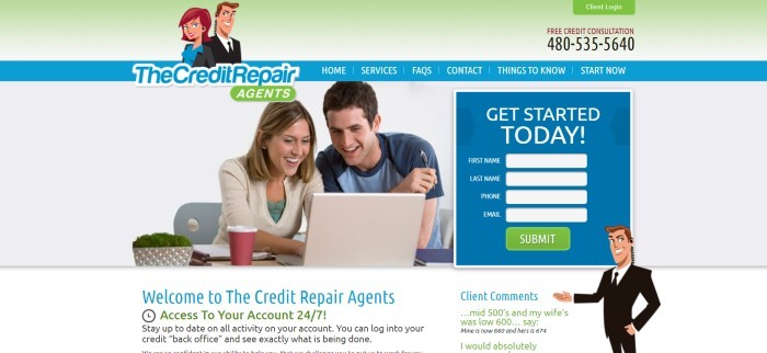 This screenshot of the home page for The Credit Repair Agents has a pale green header with a graphic of a man and a woman in business clothing above a blue navigation bar, which is also above a photo of a smiling man in a blue tee shirt and woman in tan and green business clothes chatting over an open laptop in a room with a white background, next to a blue opt-in window with a green call-to-action button.