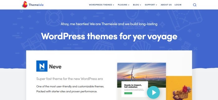 This screenshot of the home page for Theme Isle has a white navigation bar with a red parrot logo above a blue section with white text and a white insert announcing the Neve theme.