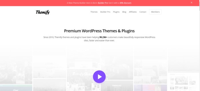 This screenshot of the home page for Themify has a red header and white navigation bar above a main section that is white at the top and fades in to faint photos of various themes, along with black text announcing premium WordPress themes and plugins.