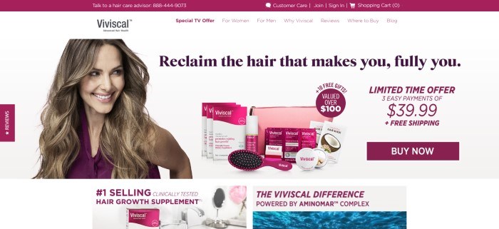 This screenshot of the home page for Viviscal has a maroon header, a white background, and a photo of a smiling woman with long brown hair and a maroon shirt, standing next to a set of Viviscal products in maroon and whtie packaging.