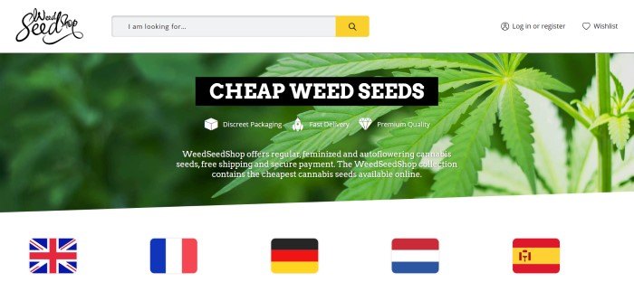 This screenshot of the home page for Weed Seed Shop has a white header with a search bar above a photo of green cannabis leaves, along with white text announcing cheap weed seeds, discreet packaging, fast delivery, and premium quality, above a row of international flags.