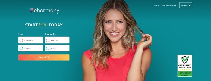 This screenshot of the home page for eHarmony has a teal background with a photo of a smiling blond woman in a red sleeveless shirt next to a search area with an orange call-to-action button.