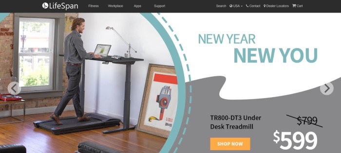 This screenshot of the home page for Lifespan Fitness includes a black navigation bar, a photo of a young man in gray clothing using a treadmill desk with an open laptop in what appears to be a living room, and a white section with blue text that reads "New year, new you."