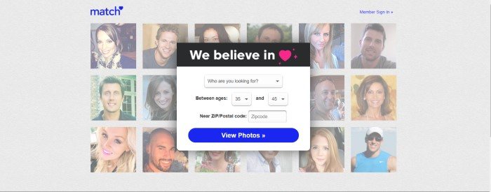 This screenshot of the home page for Match.com has a gray background, a blue logo, and several profile pictures of both men and women behind a search window with a blue call-to-action button.