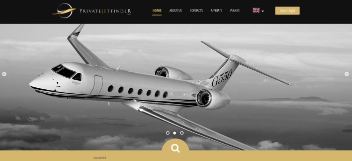 This screenshot of the home page for Privatejetfinder.com has a black navigation bar with gold and white text above a black and white photo of a white twin-jet aircraft flying over some water and islands.