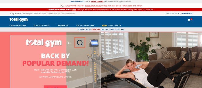 This screenshot of the home page for total gym has a red, white, and blue header and navigation bar above the main section, which includes a photo of a blonde woman in black and white exercise clothing using her total gym machine in a brown and white living room, as well as a pink and white section announcing the new Total Gym FIT plus machine.