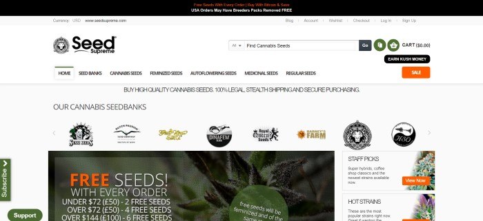 This screenshot of the home page for Seed Supreme has a black header with red and white text announcing free shipping above a white background with black text in the navigation bar, a row of icons representing the seed banks that Seed Supreme works with, and a dark green filtered photo of cannabis leaves with white text announcing free seeds with every order.