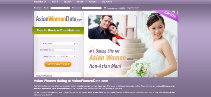 This screenshot of the home page for AsianWomenDate.com has a lavender background and navigation bar above a photo of an Asian woman in a wedding dress and one of her in a red dress, leaning back against a smiling young man, as well as a gray search window and an orange call-to-action button.