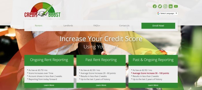 Alt: This screenshot of the home page for Credit Rent Boost shows a partial photo of a woman sitting at a desk, apparently paying rent, behind white text announcing the ability to increase credit scores by using rent payments and three text boxes with green headers that contain statistics and other information.